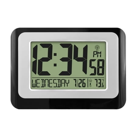 Digital Atomic Clock with Temperature - Self-Setting Alarm Clock, WWVB Radio Controlled, Calendar, 7 Time Zones - Black Desk & Wall Clock W88631