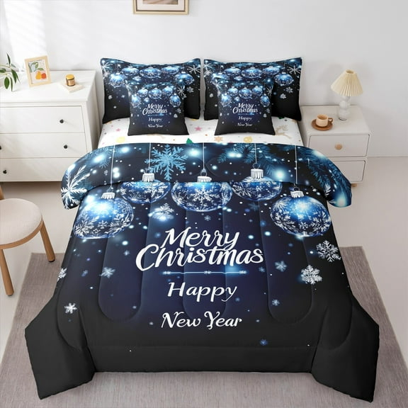 Manfei Merry Christmas Twin Bedding Sets 7-Piece for Kids, Cartoon Xmas Ball Bedding Comforter Set, Cartoon Winter Snowflake Reversible Sheet Sets, Luxury Bedroom Decor