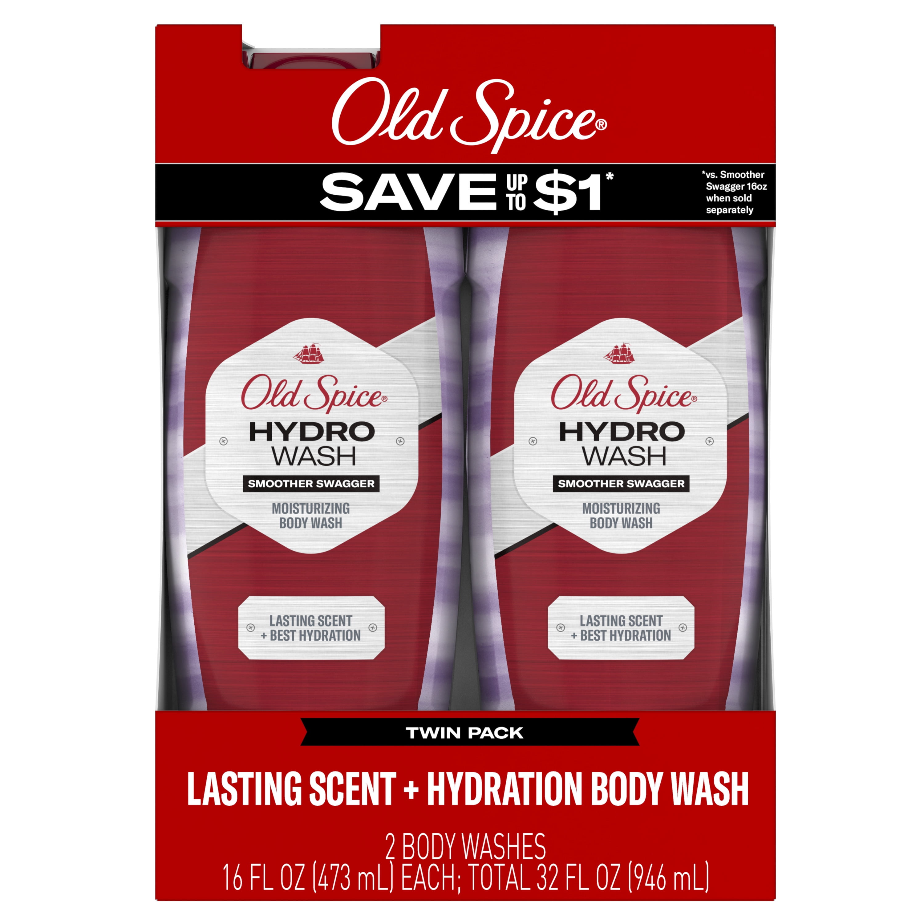 Old Spice Men's Body Wash Moisturizing Hydro Wash Smoother Swagger, 16 oz, Pack of 2