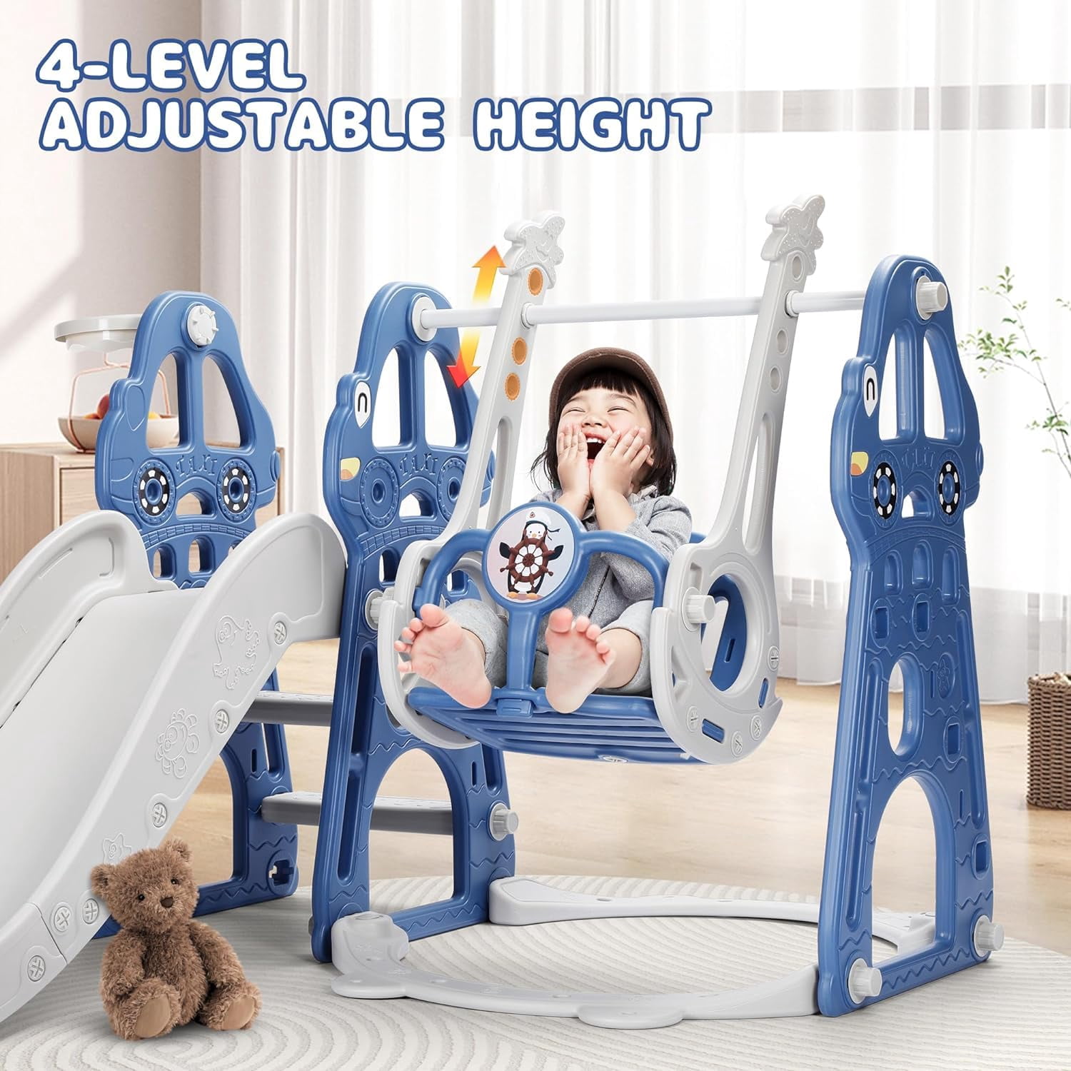 Easoger 4 in 1 Toddler Swing and Slide Unisex Child & Teen Swing Sets, Blue, 110 lb