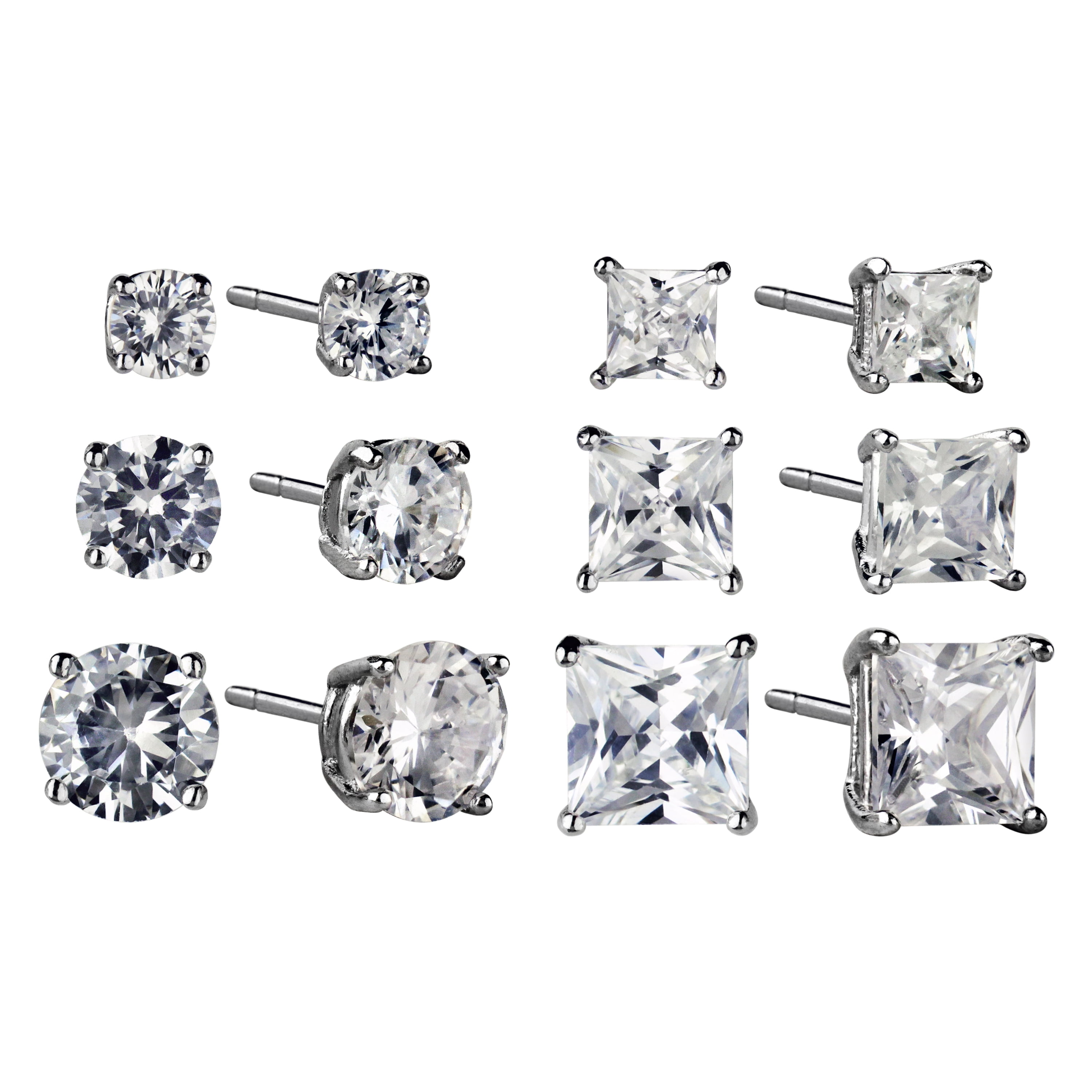 Brilliance Fine Jewelry Sterling Silver Simulated Diamond Round & Square 6 Pair Earrings