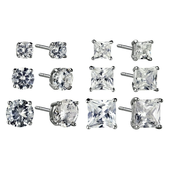 Brilliance Fine Jewelry Women's Simulated Diamond Round and Square Earring Set in Sterling Silver