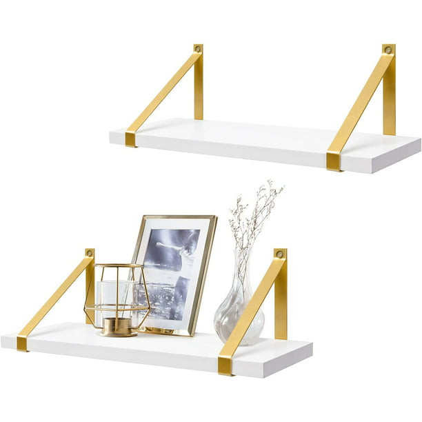 White Floating Shelves Wall Mounted, White Wall Shelves With Gold Brackets
