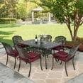 thumbnail image 2 of MEETWARM 7-Piece Outdoor Furniture Dining Set, All Weather Cast Aluminum Patio Garden Set with 6 Chairs, 6 Cushions, 1 Rectangular Table, 2" Umbrella Hole, Dark Bronze, Chili Red, 2 of 7