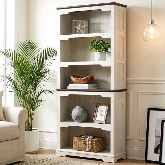 Farmhouse 5-Tier Open Bookshelf, Vintage White & Brown Wood Finish, Freestanding Tall Storage Bookcase for Living Room, Home Office