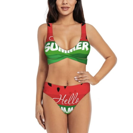 Zeuib Watermelon Hello Summer High Waisted Tummy Control Bikini Set - Knot Front Push Up Top & Cheeky Thong Bottom  Two-Piece Swimsuit for Women-XX-Large