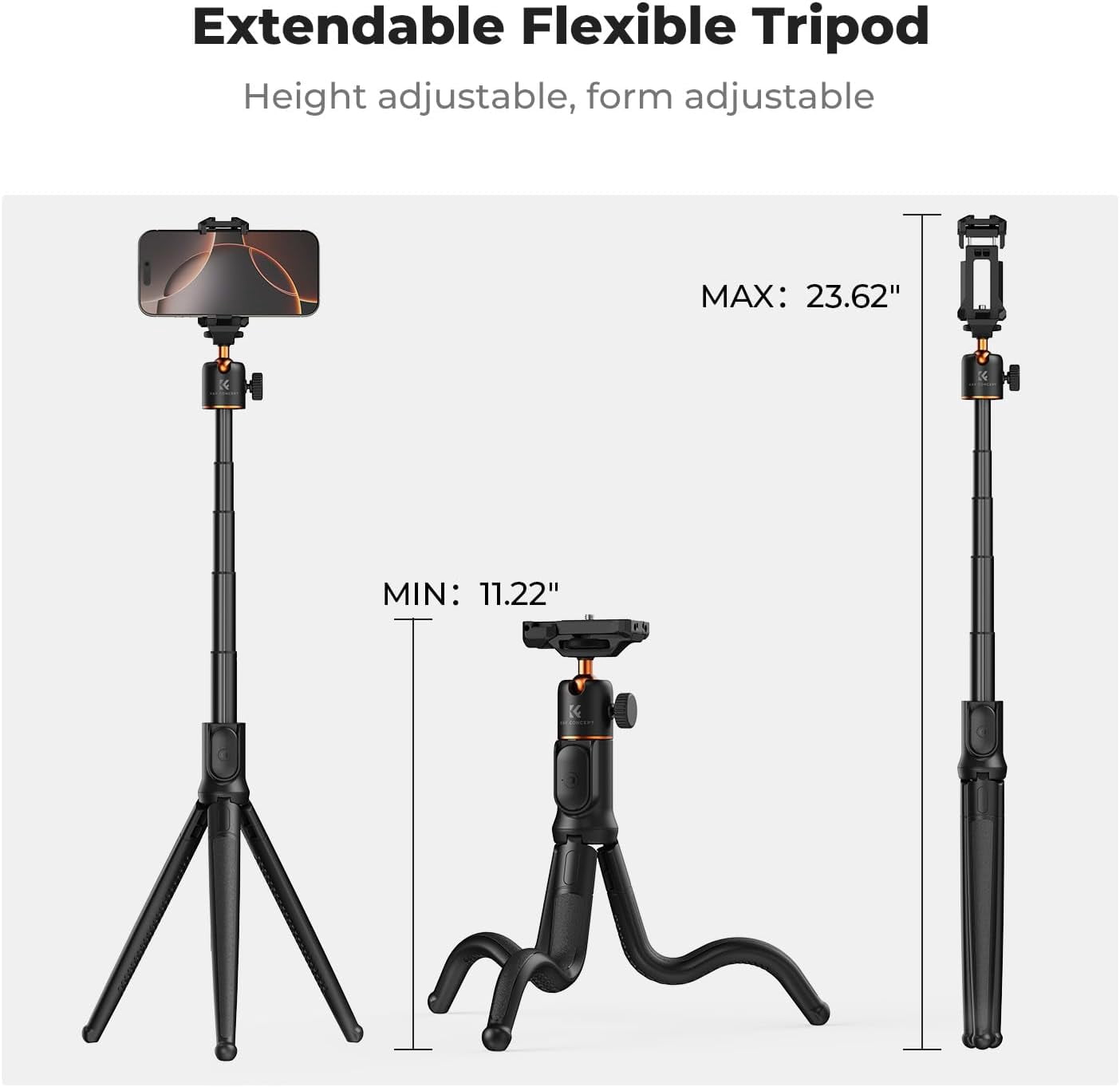 K&F Concept Phone Tripod, Extendable Flexible Tripod with Remote 24in Small Tripod, Mini Tripod, Max Load 4.4lb for Phone 16 15 14 Pro Max XS Max X 8 Samsung CO NIK SNE