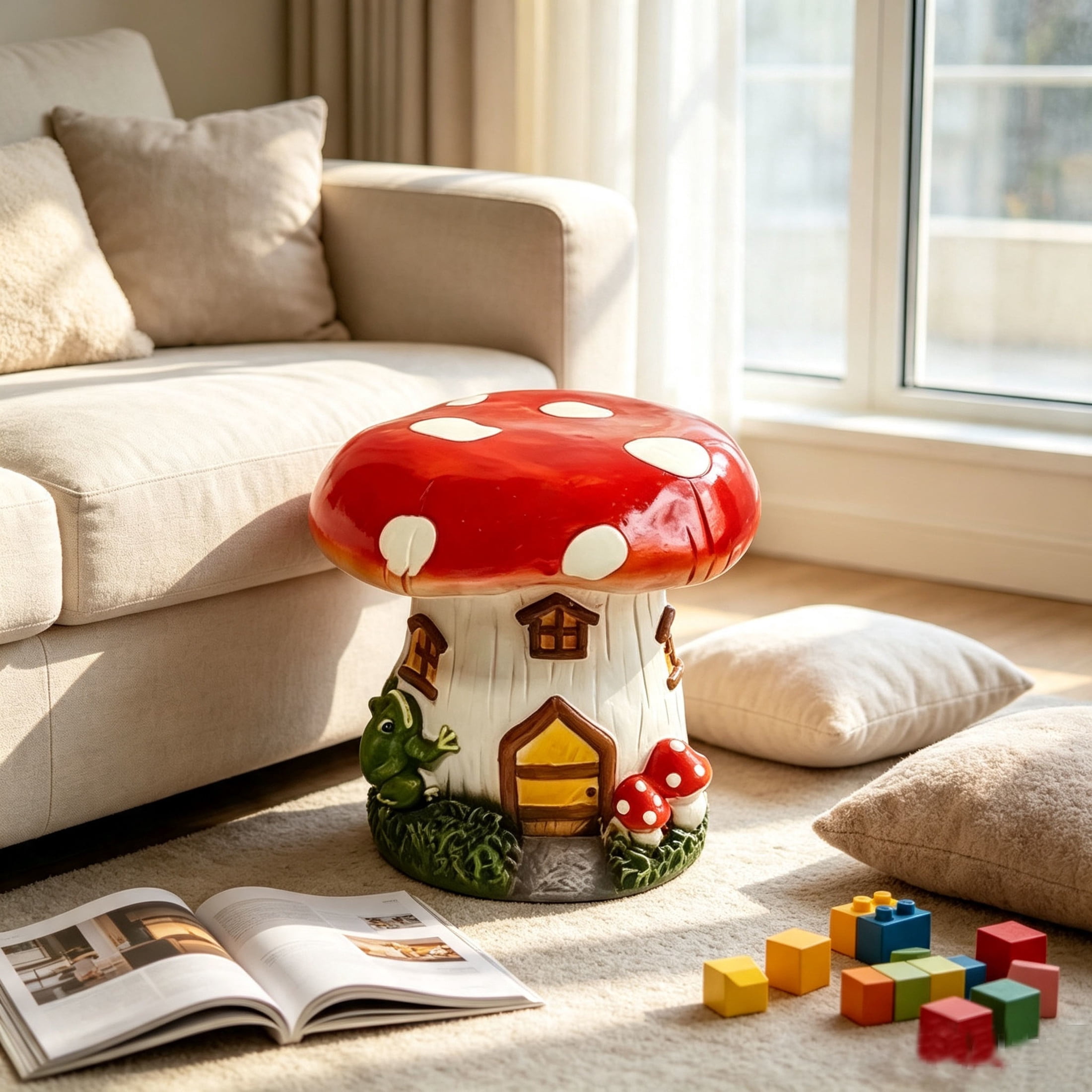 Noble House Mushroom House Stool, Fairy Forest Base Decor, Outdoor Creative Figurine Seat for Patio, Garden, Multicolor