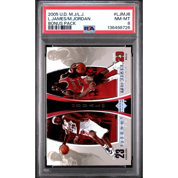 LeBron James & Michael Jordan 2005 Upper Deck Bonus Pack Basketball Card #LJMJ6 Graded PSA 8 Cert #136498726