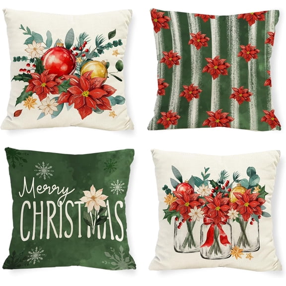 Christmas Red Poinsettia Pillow Covers Merry Christmas Ball 18 x 18 Inch Throw Pillows, Xmas Snowflakes Seasonal Decorative Farmhouse Cushion Case for Sofa Couch Set of 4