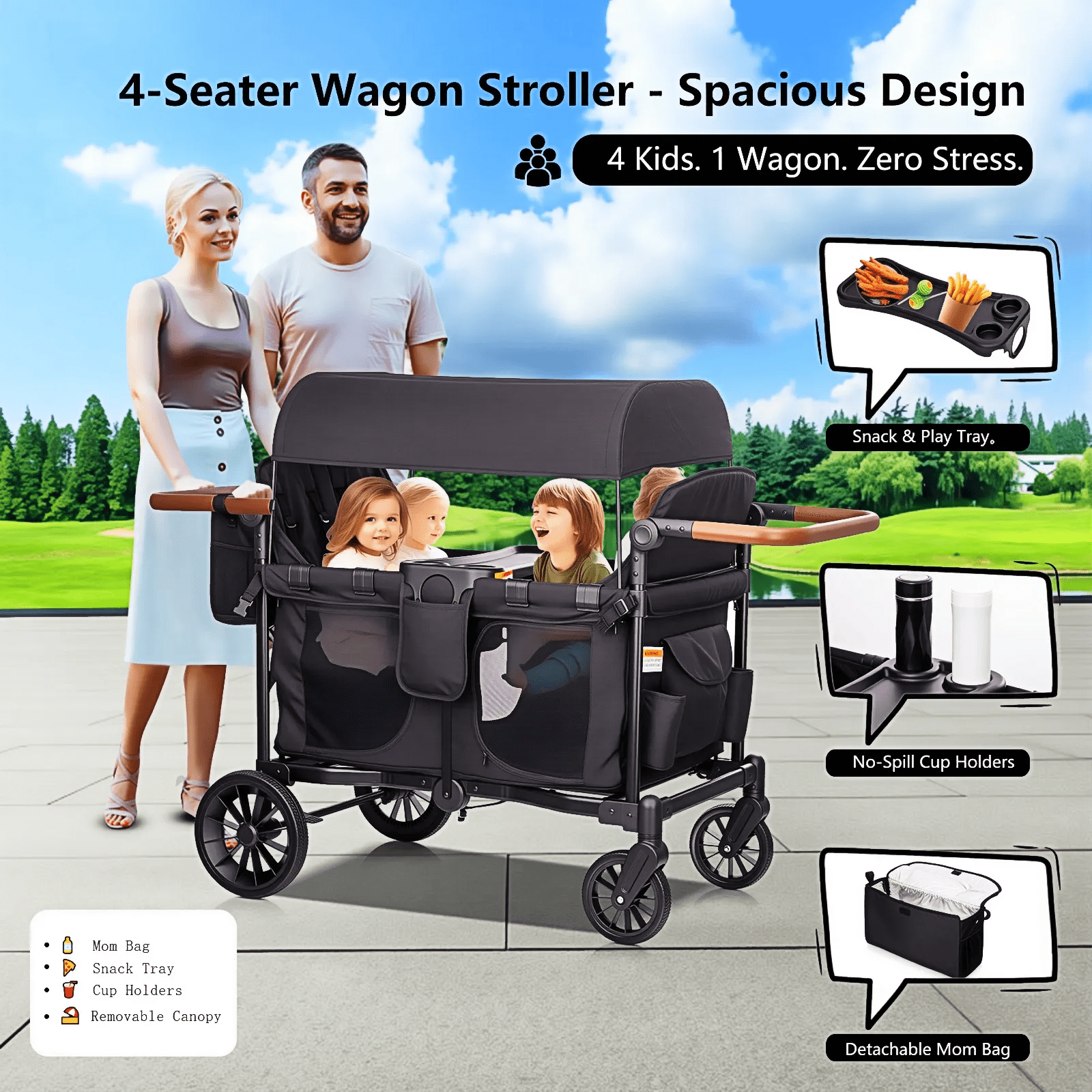 4 Kids Wagon Stroller Push-Pull - Lightweight Travel Fold Tandem Trolley with 5-Point Harness,Adjustable Canopy&Handle,Snack Tray,Storage,Mom Bag,All-Terrain Wheels for Beach Travel Camping Shopping