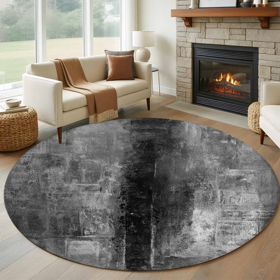 Black Abstract Round Living Room Rugs 8 ft, Vintage Graffiti Washable Large Area Rug with Non-Slip Sturdy Edge Binding Round Carpet for Dining Room Kitchen Office