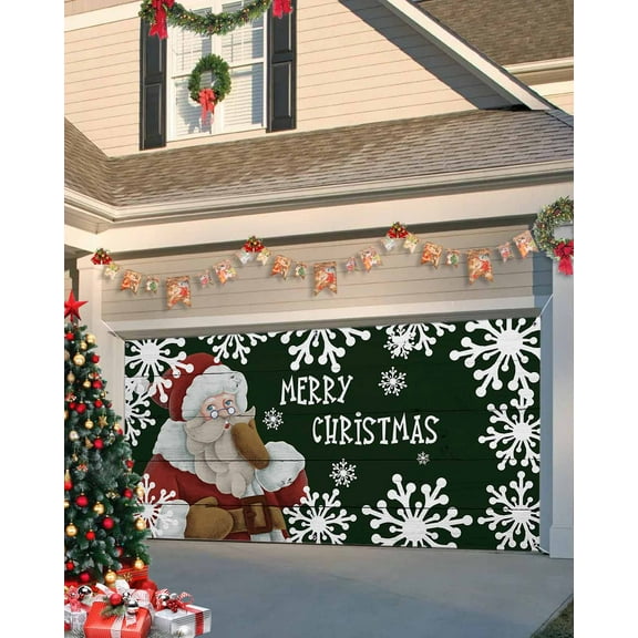 Garage Door Banner Cover 6 x 13 ft, Merry Christmas Santa Claus Retro Wood Green Christmas Garage Door Decorations Holiday Christmas Backdrop Decor for Winter New Year Xmas Party