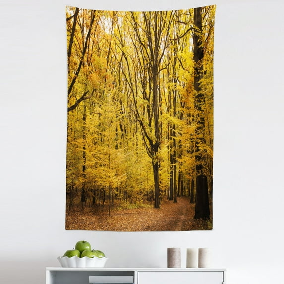 Forest Tapestry, Epic View Deep down in the Forest with Shady Leaves Rural Habitat Ecology Scene, Fabric Wall Hanging Decor for Bedroom Living Room Dorm, 5 Sizes, Yellow Brown, by Ambesonne