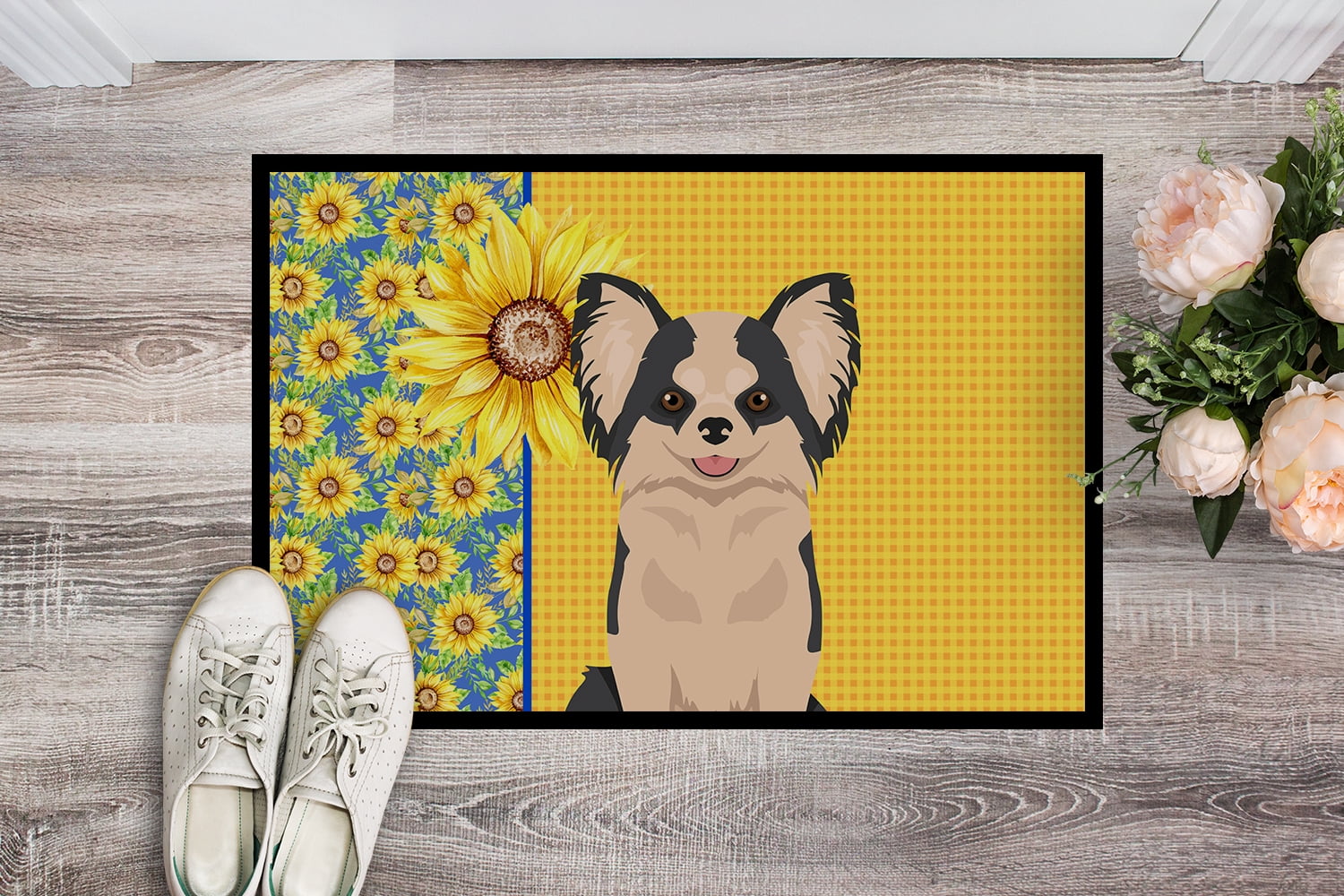 Summer Sunflowers Longhaired Black and White #2 Chihuahua Indoor or Outdoor Mat 24x36 36 in x 24 in