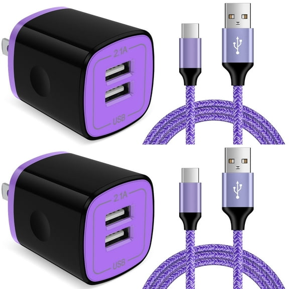 Hootek 2 Pack USB C Charger Brick Dual Port Wall Plug Type C Charger Block with 2Pack 6FT Charging Cord Type C Cable USB C Cables USB C Wall Charger Box, Fast Charging Block for Samsung, Black Purple