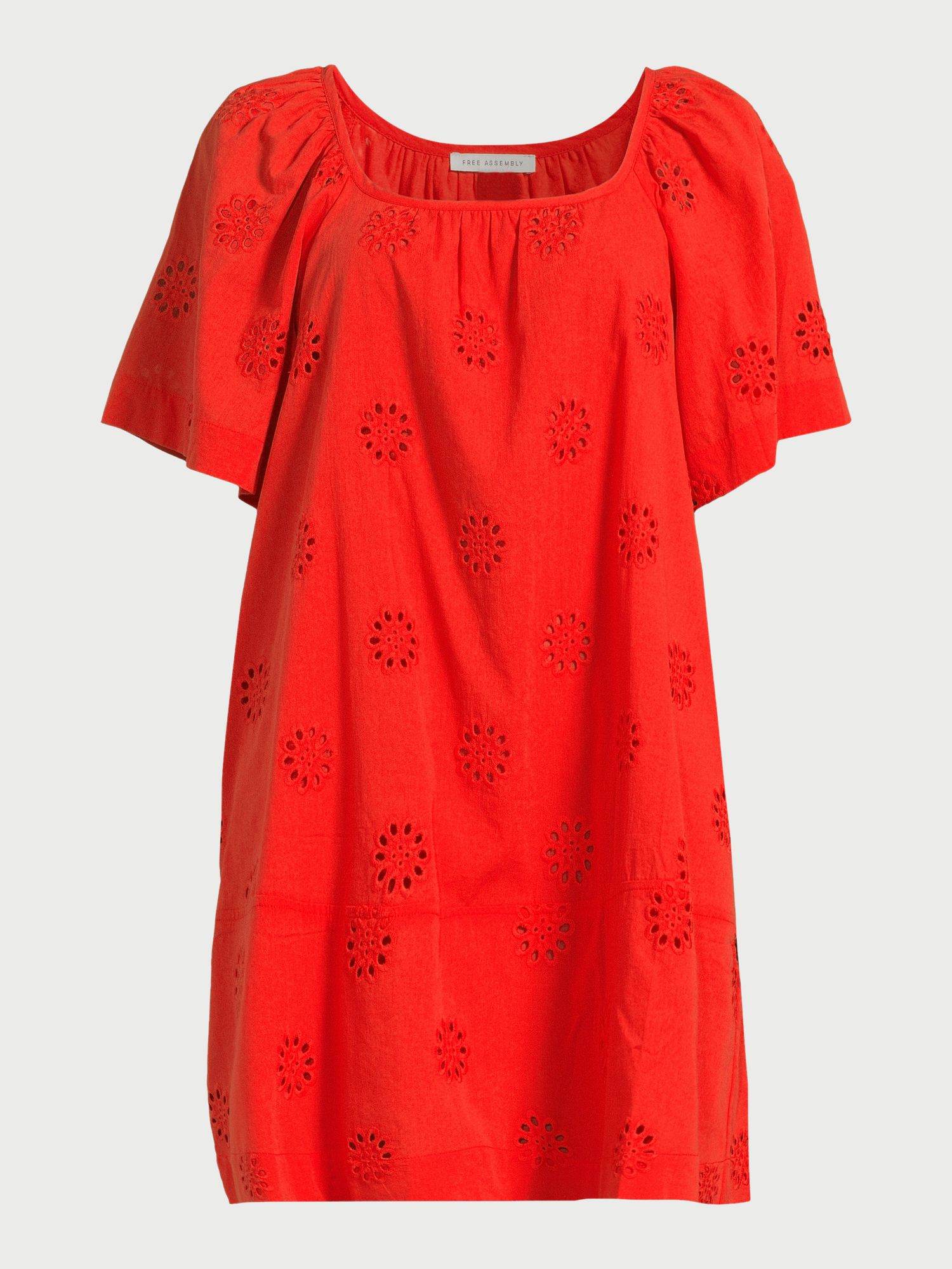 Free Assembly Women's Square Neck Eyelet Mini Dress with Short Sleeves, Sizes XS-XXL