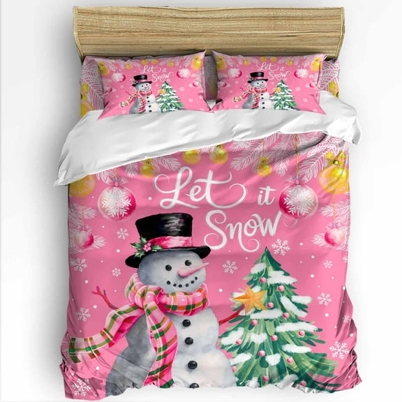 Pink Christmas Snowman Queen Size Comforter Set, Pine Tree Xmas Balls Holly Snowing Soft Bedding for All Seasons, 4 Pcs Bed Set with 1Comforter (90"x92") ,1 Sheet(94"x116"), 2 Pillowcases (19"x29")