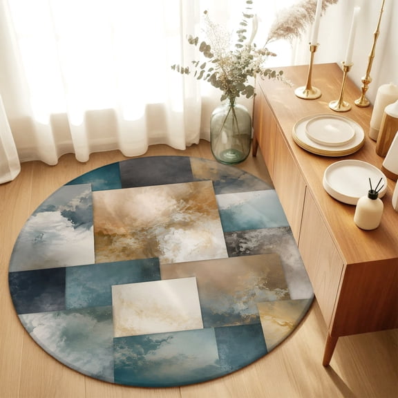 Round Rugs 3Ft, Teal Brown Abstract Round Area Rug Washable Indoor Throw Carpet, Modern Geometric Fluid Art Small Non Slip Circle Rug for Bedroom Living Room Home Decor Aesthetic