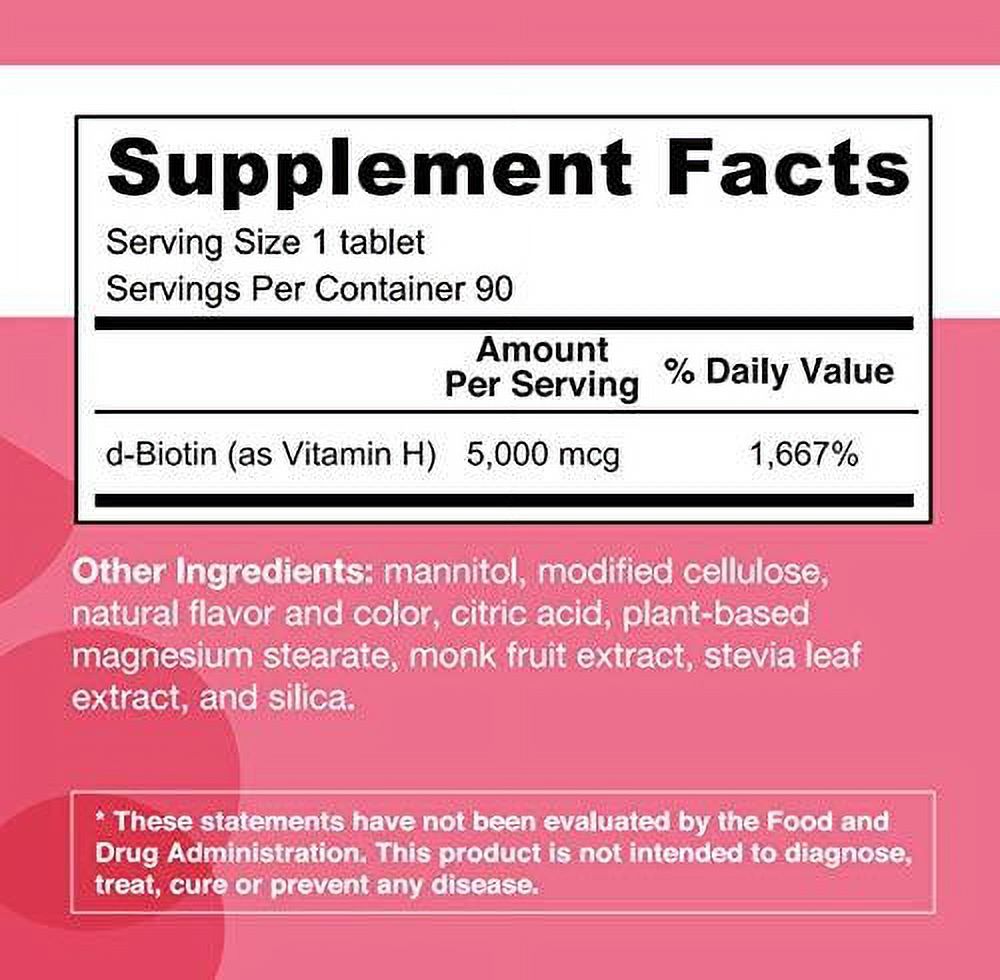 EZ Melts Biotin for Hair, Skin, Nails, 5,000 mcg, Sublingual Vitamins, Vegan, Zero Sugar, Natural Strawberry Flavor, 90 Fast Dissolve Tablets - image 3 of 6