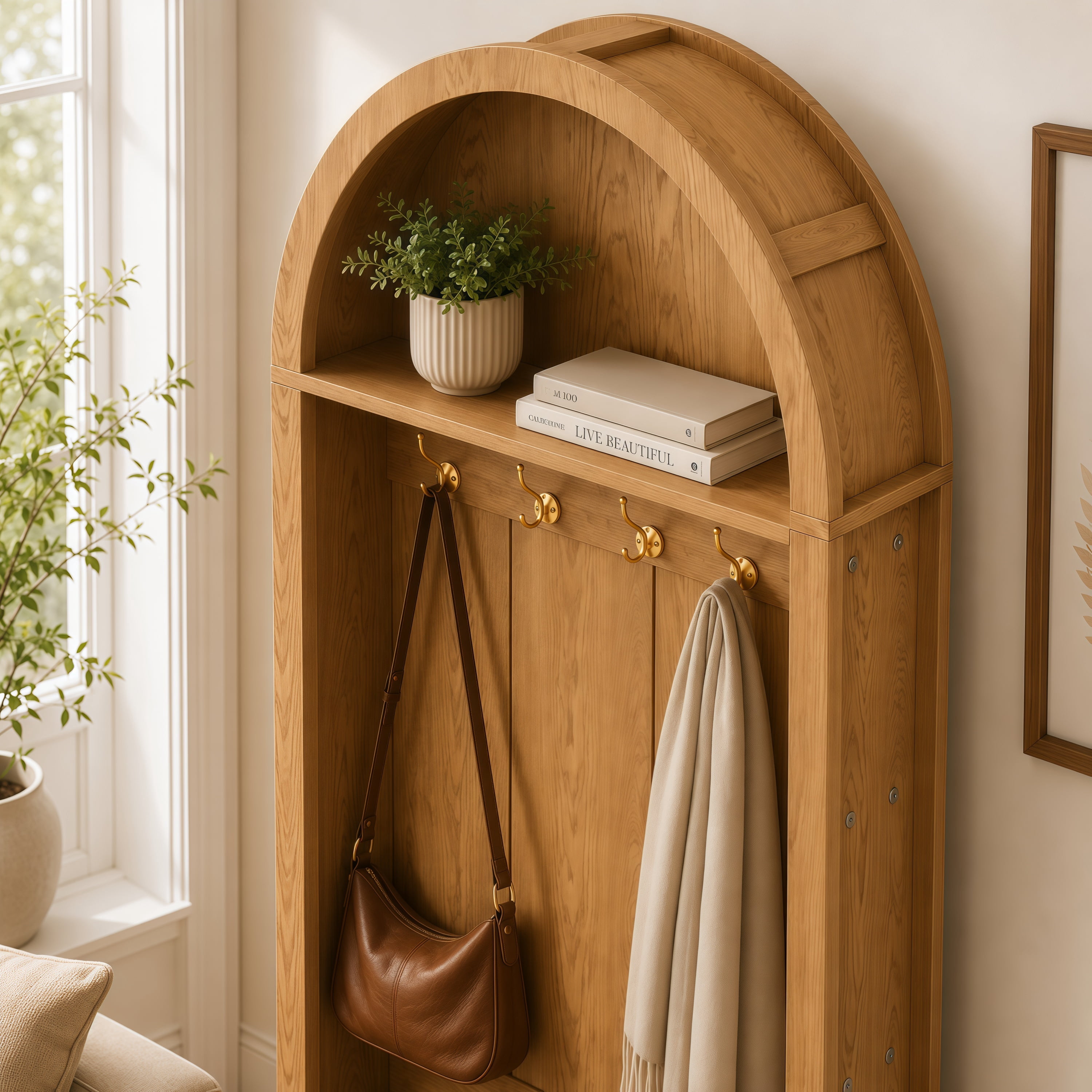 Arched Top Hall Tree with Bench and Shoe Storage,mudroom bench with storage,70.3"Arch Coat Rack with 4 Metal Hooks and 2 Fluted Doors, Organizer for Mudroom, Entryway, Hallway
