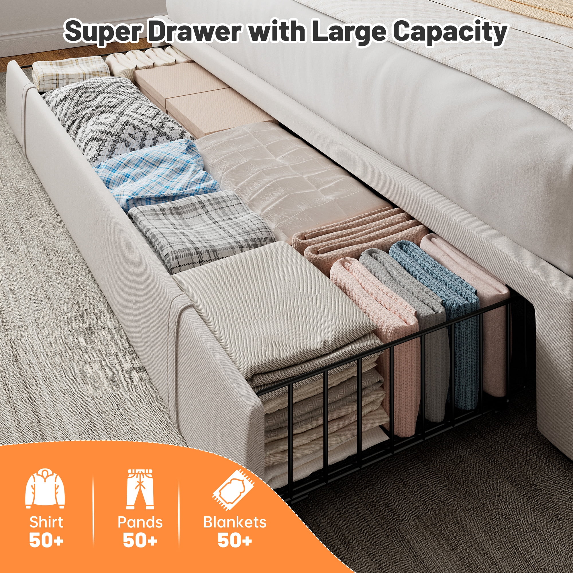 Queen Size Bed Frame with LED Light Upholstered Bed Frame with 3 Storage Drawers Bed Frame with Adjustable Headboard,Beige