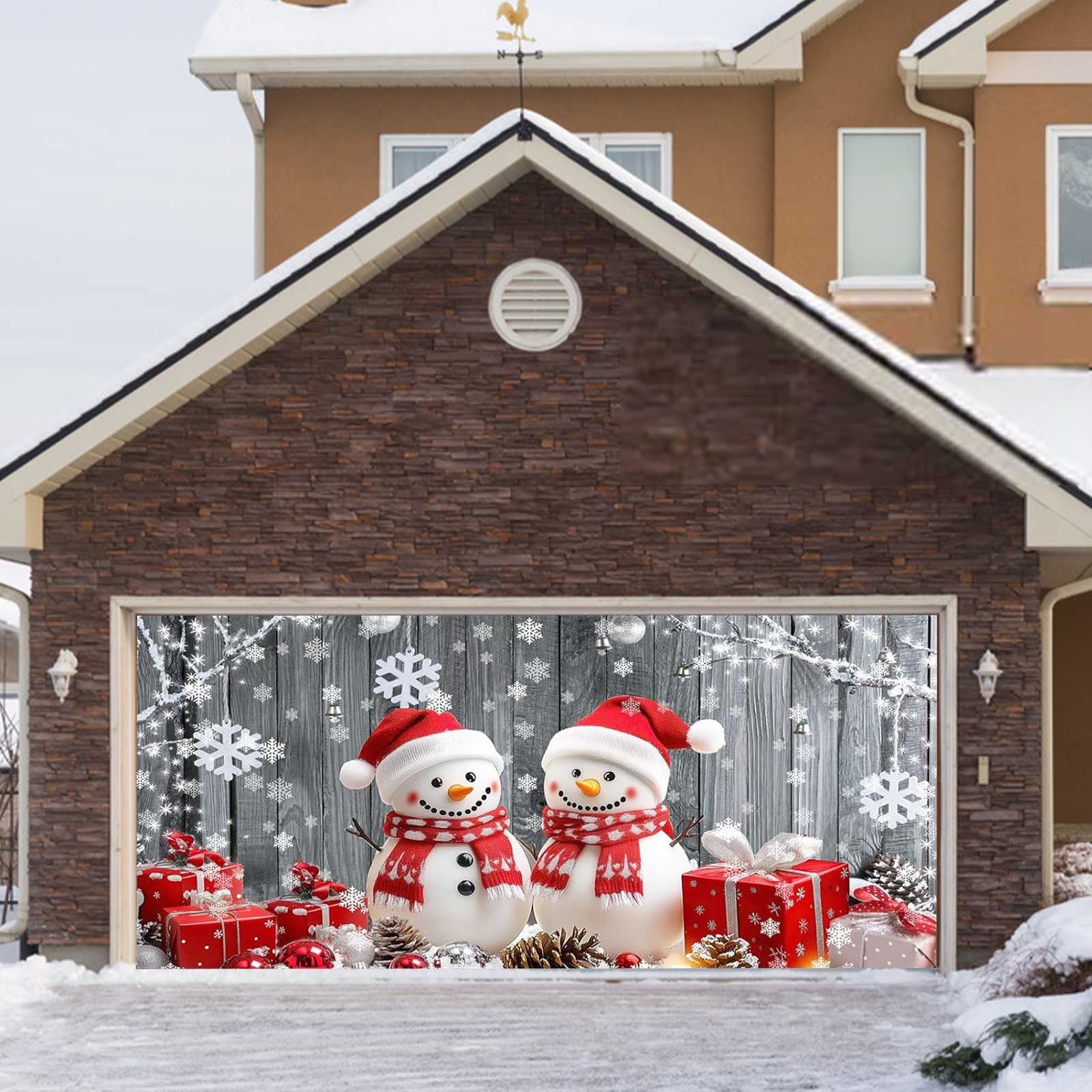 Qeeenar Bannière De Porte De Garage Avec Bonhommes De Neige - Grande Toile De Fond D'hiver En Forme De Flocon De Neige Pour Intérieur Et Extérieur
