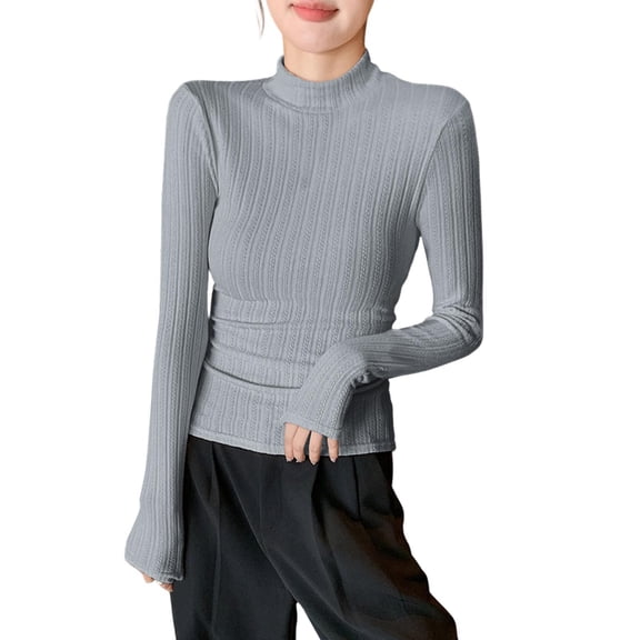 Mock Neck Tops for Women Ribbed Knit Slim Fit Base Sweater Blouses Solid Color Long Sleeve Casual Layer Shirt (XL, Dark Gray)