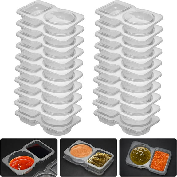 20 Sets Reusable Snack Container, Condiment Containers with Lid, 2 compartments Dipping Container for Refrige, Portion Control Containers, Takeaway Sauce Dip Case for Outdoor