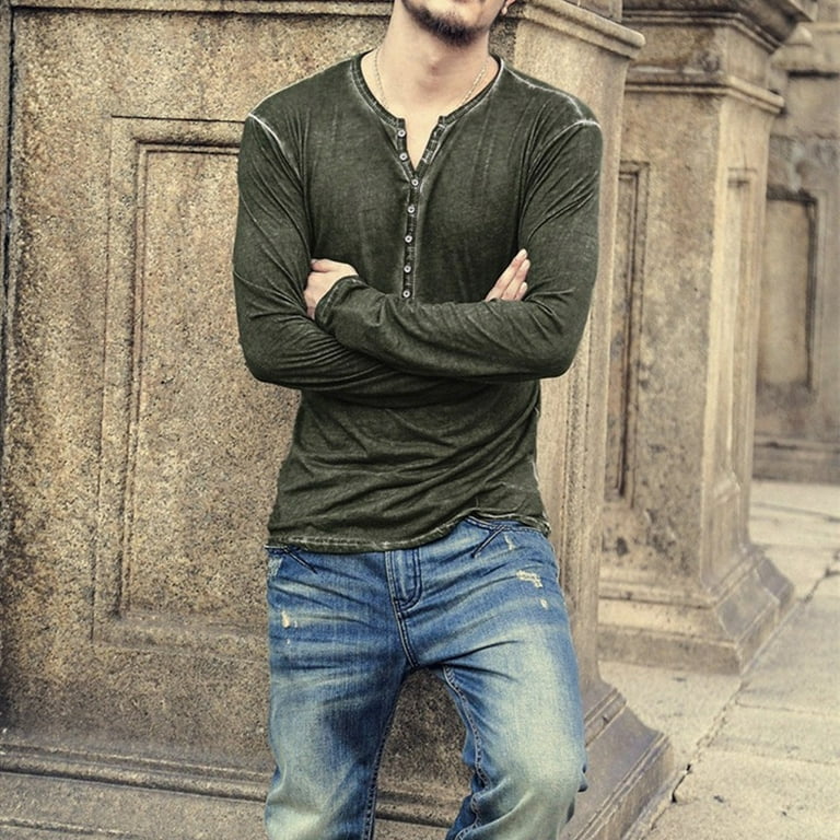 Jinyu Men Autumn Casual Vintage Long Sleeve V-Neck T-Shirt