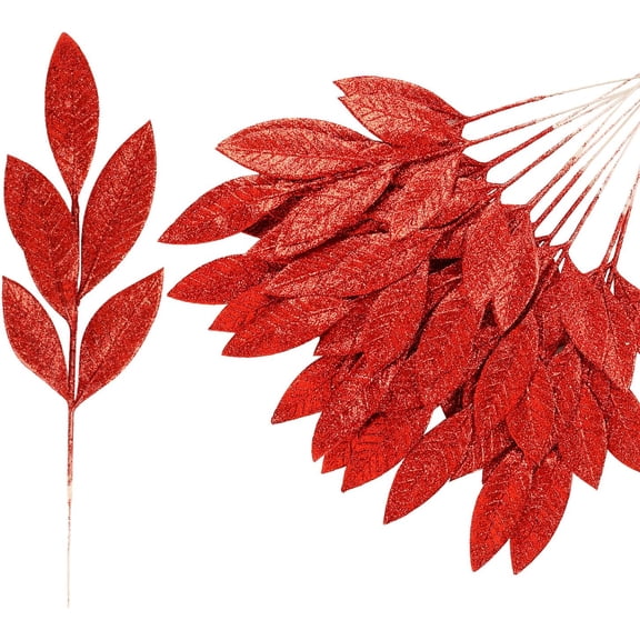 Red Artificial Glitter Leaves, 13" Christmas Picks Decorative Glitter Sticks for Vase DIY Wreath Crafts Fireplace Christmas Tree Decor,20 Pack