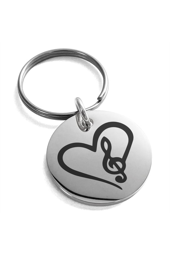 Stainless Steel Love Music Treble Clef Heart Engraved Small Medallion Circle Charm Keychain Keyring
