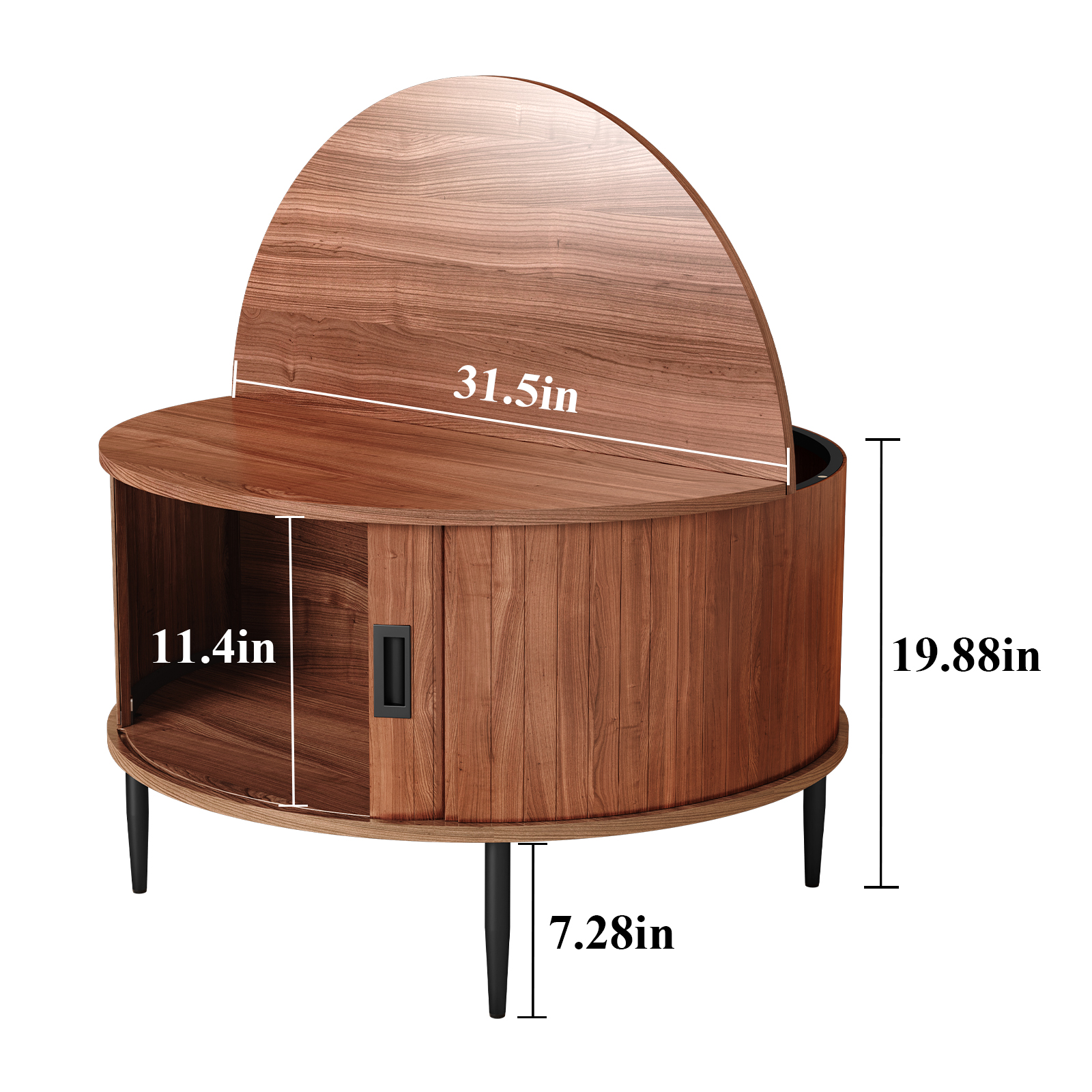 HLR Mid Century 31.5" Round Coffee Table with Sliding Tambour Door, Drum Center Table with Storage for Living Room, Brown