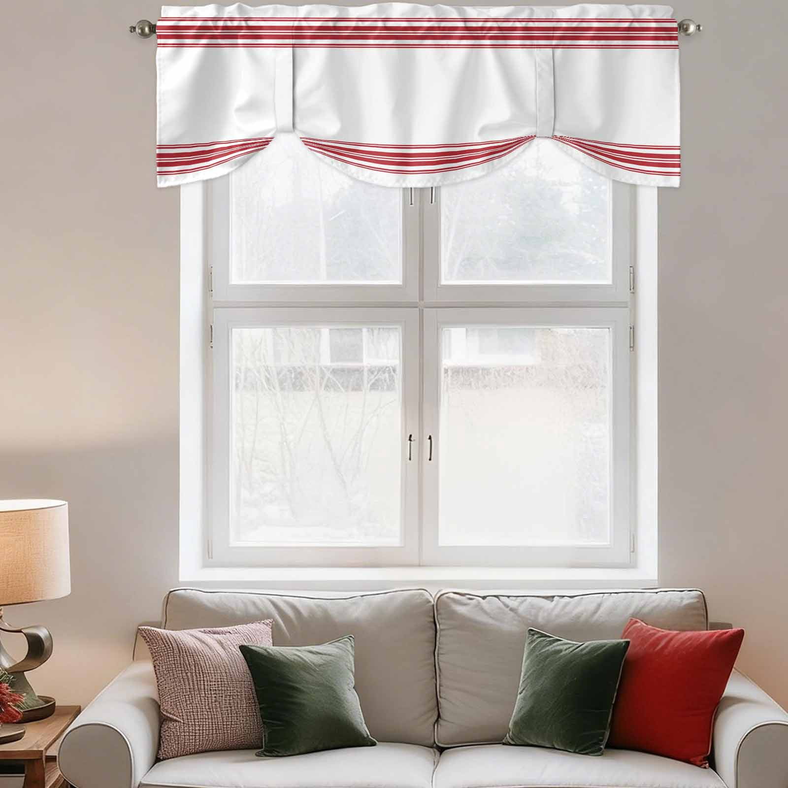 Farmhouse Red Tie Up Valances Curtain, Adjustable Kitchen Stripes Decoration Valances for Windows Decor, Rod Pocket Short Curtains Set for Bedroom/Bathroom, 60"x18"