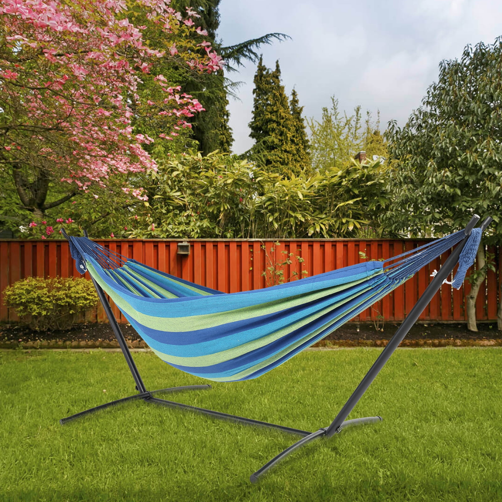 YANJ Double Hammock 200 150cm with Space Saving Steel Stand and Portable Load-Bearing Up to 200 Kg Indoor/Outdoor Use Idea Color : 1 Stripe 