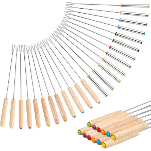 24 Pack Stainless Steel Fondue Forks,12 Wood Handles and 12 Stainless Steel Handles,9.4 Inch Color Coding Fondue Sticks with Heat Resistant Handle for Chocolate Fountain Cheese Marshmallows