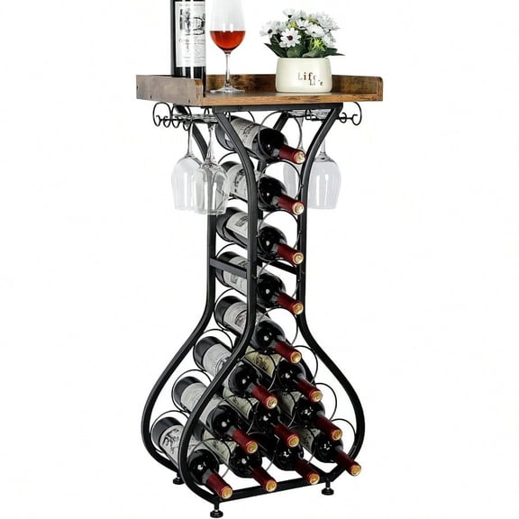 Wine Rack Freestanding Floor Mini Bar Table Wine Holder Stand Liquor Cabinet With Glass Holder Wood Tabletop 14 Bottles Floor Wine Storage For Home Bar Kitchen Living Room Patent Pending