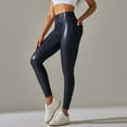 thumbnail image 2 of Tosmy Leggings For Women Pocket Pu Leather Pants Waist Compression Body Sculpting High Waist Yoga Pants Classic, 2 of 6