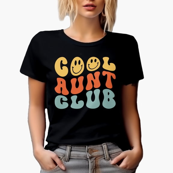 Cool Aunt Club, Association of Aunties Themed, Groovy Retro Wavy Text Merch Gift, Black T-Shirt, Small
