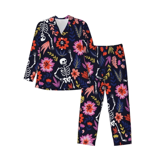 Fotbe Dancing Skeletons Floral Garden Pijama de Hombre con Estampado de Manga Larga, Conjunto de 2 Piezas, Ropa de Dormir Suave y Cómoda con Bolsillos-Large