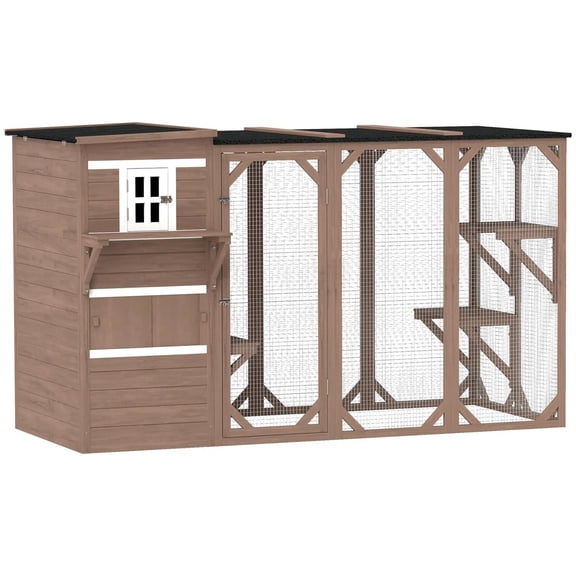 Pefilos 76" Outdoor Weatherproof Cat Cage with Platforms, Multi-Level Design, Wooden Catio House for 2-3 Kittens Cats, Indoor Cat Enclosure, Brown