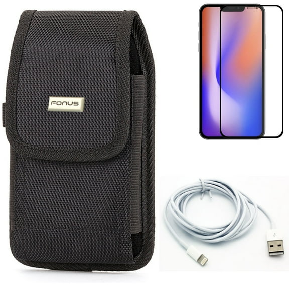 6ft USB Cable & Screen Protector & Case Belt Clip for iPhone 13/Pro - Combo with Charger Cord Power Wire & Anti-Glare Tempered Glass Matte & Rugged Holster Canvas