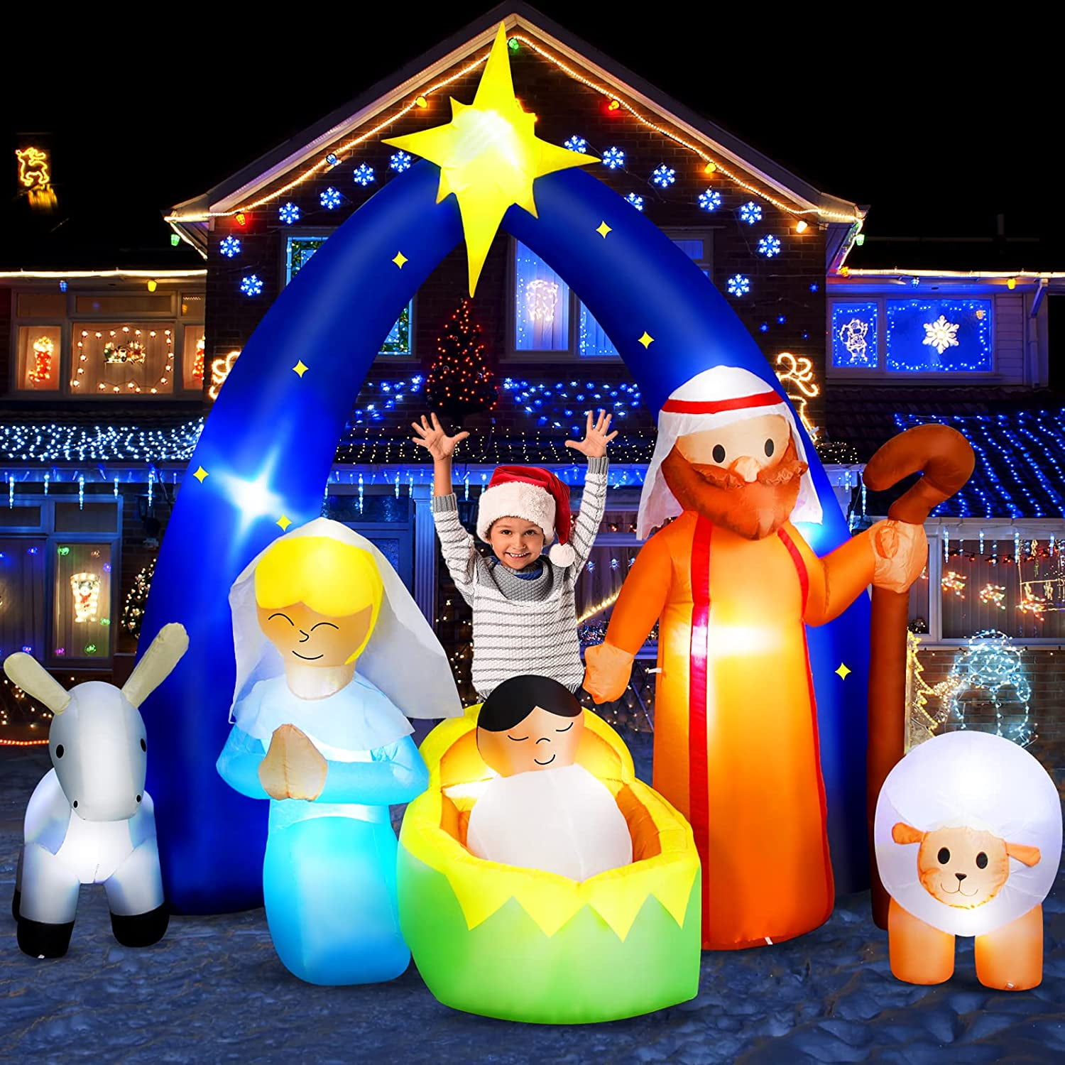 8Ft Christmas Inflatables Outdoor Decoration De Navidad Blow Up Nativity  Scene Jesus Set Bethlehem Arch LED Lights Blower Giant Xmas Blow Mold  Holiday
