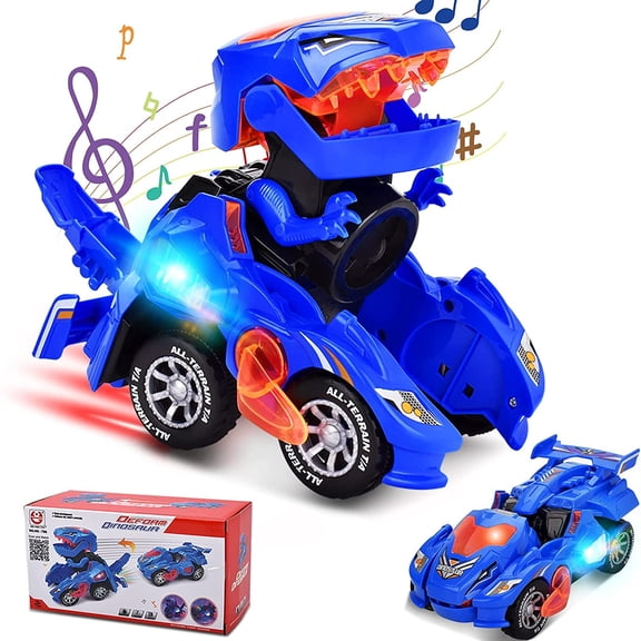 Transforming Dinosaur Car Toys, Transforming Dinosaur LED Car with Light and Music, 2 in 1 Automatic Dinosaur Transform Car Toy, Dinosaur Transformer Toy for Kids (Blue)