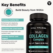 Vital Vitamins Multi Collagen Complex Capsules - Type I, II, III, V, X - Hair, Skin, Nails - 150 Ct