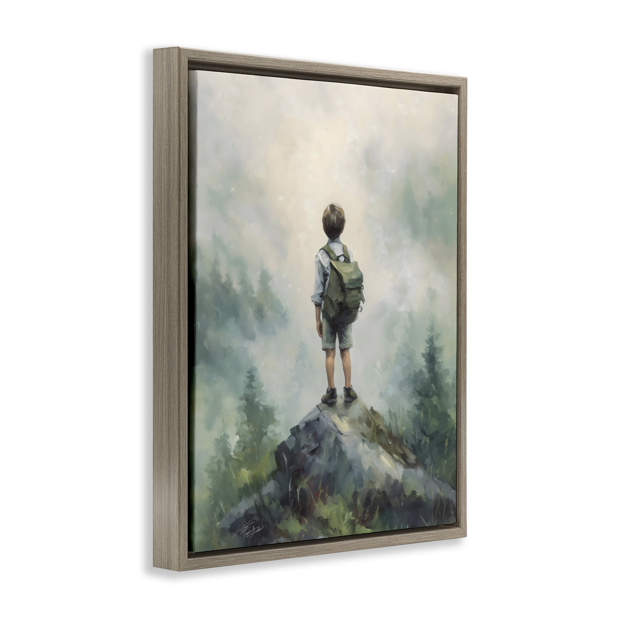 Boy Adventurer Atop Mountain Brown Framed Floater Canvas Wall Art, design by Arlington Prints