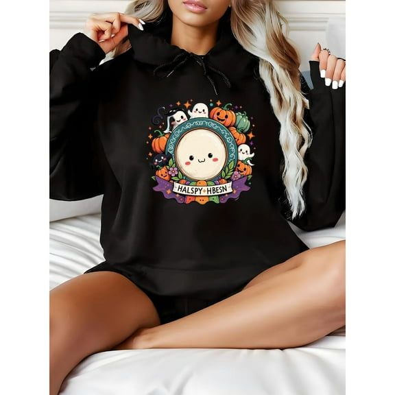 Women's Halloween Bat Pumpkin Graphic Hoodie Sweatshirt Top Hooded long-sleeved Fall Season Black S-2XL