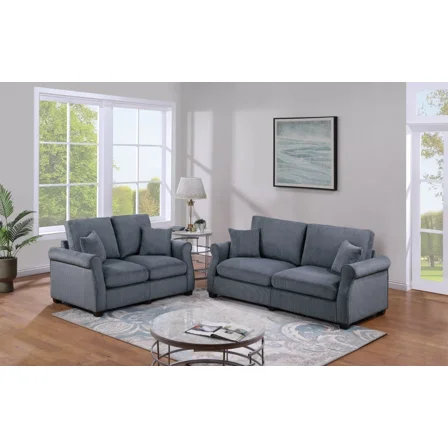 Modern Comfort Dark Gray Corduroy 2pc Sofa Set Plush Cushion Couch Sofa Loveseat Pillows Living Room