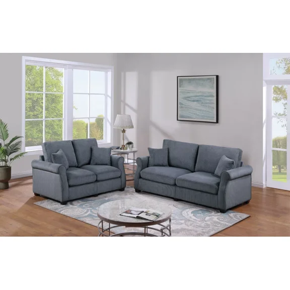 Modern Comfort Dark Gray Corduroy 2pc Sofa Set Plush Cushion Couch Sofa Loveseat Pillows Living Room