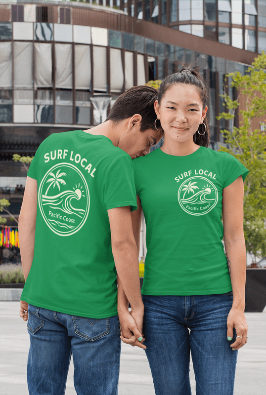 Surf Local Pacific Coast T-Shirt – Vintage Surf Graphic Tee, Beach Wave Shirt, Front & Back Print Unisex Crewneck